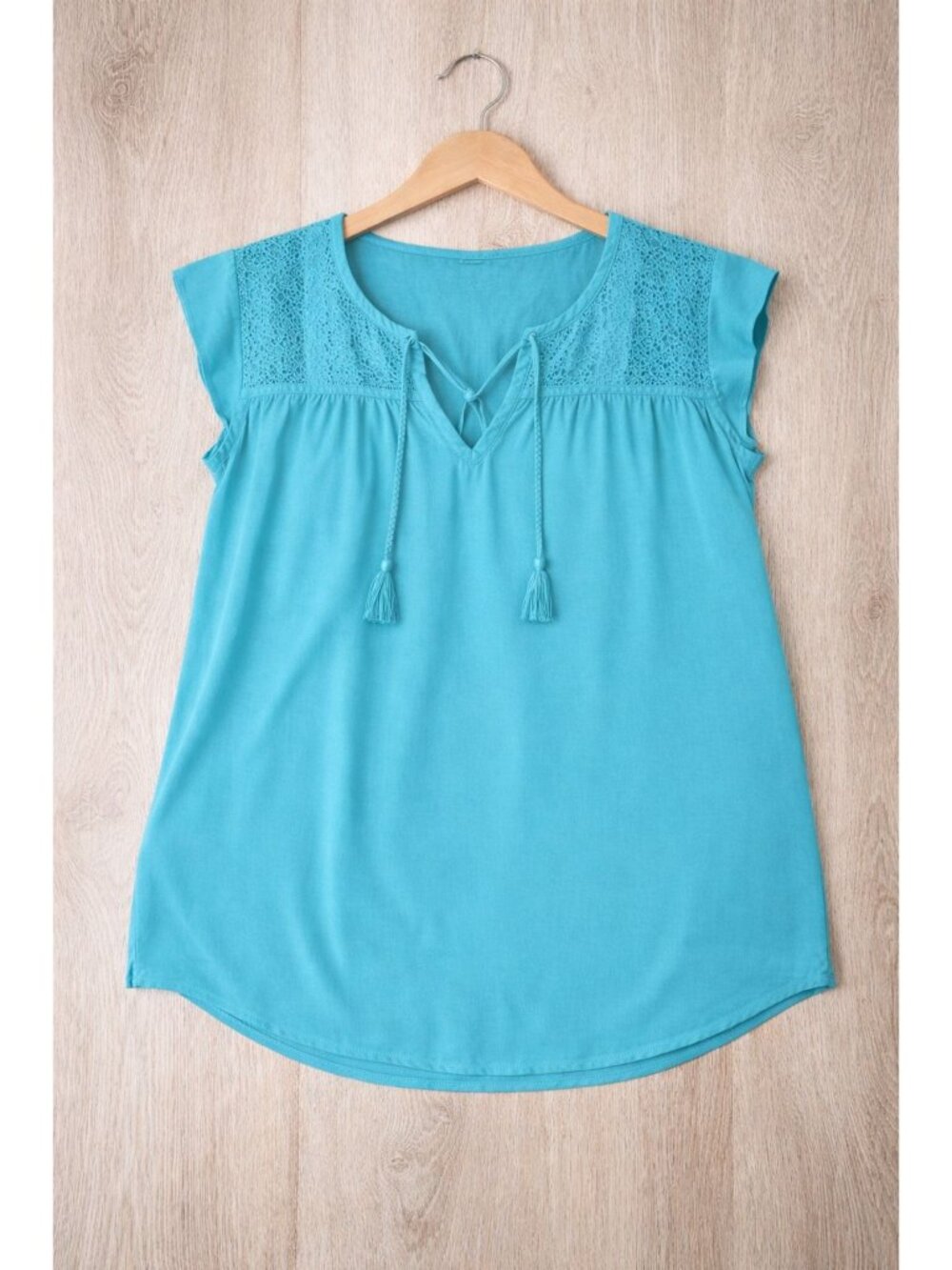 My Danielle Turquoise Boho Lace Yoke Blouse Tassel Tie Rayon Size S